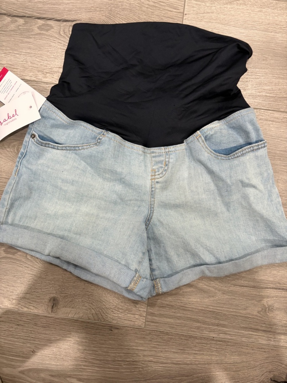 Maternity Light Wash Denim Shorts with navy blue Stretch Panel
